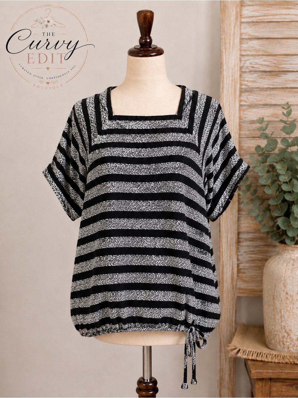 LOFT Lounge XL Black White Striped Knit Top Square Neck Drawstring Hem